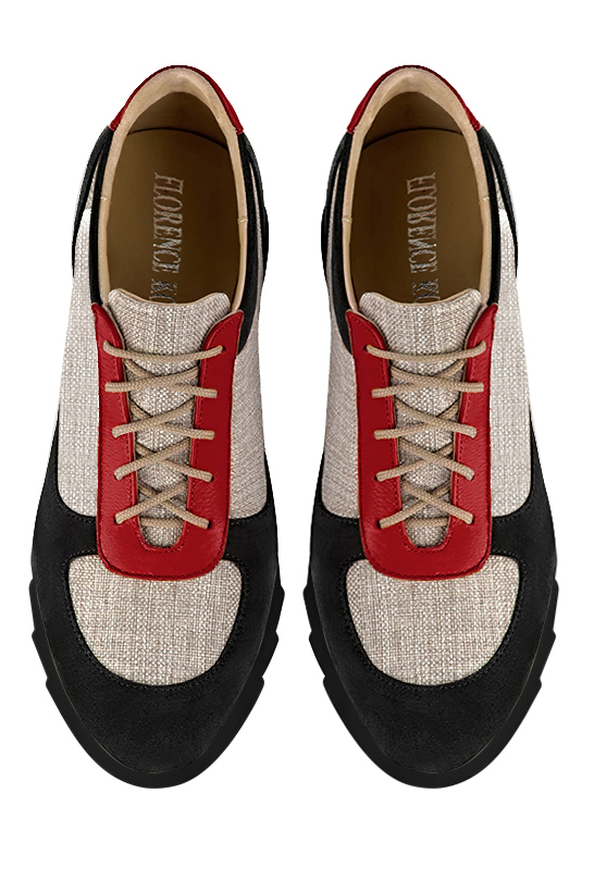 Matt black, natural beige and cardinal red women's three-tone elegant sneakers. Round toe. Low rubber soles. Top view - Florence KOOIJMAN